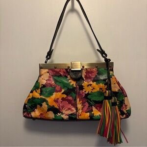 PATRICIA NASH FERRARA BLOOM LEATHER TASSELS FRAME FLORAL HAND BAG SATCHEL ITALY